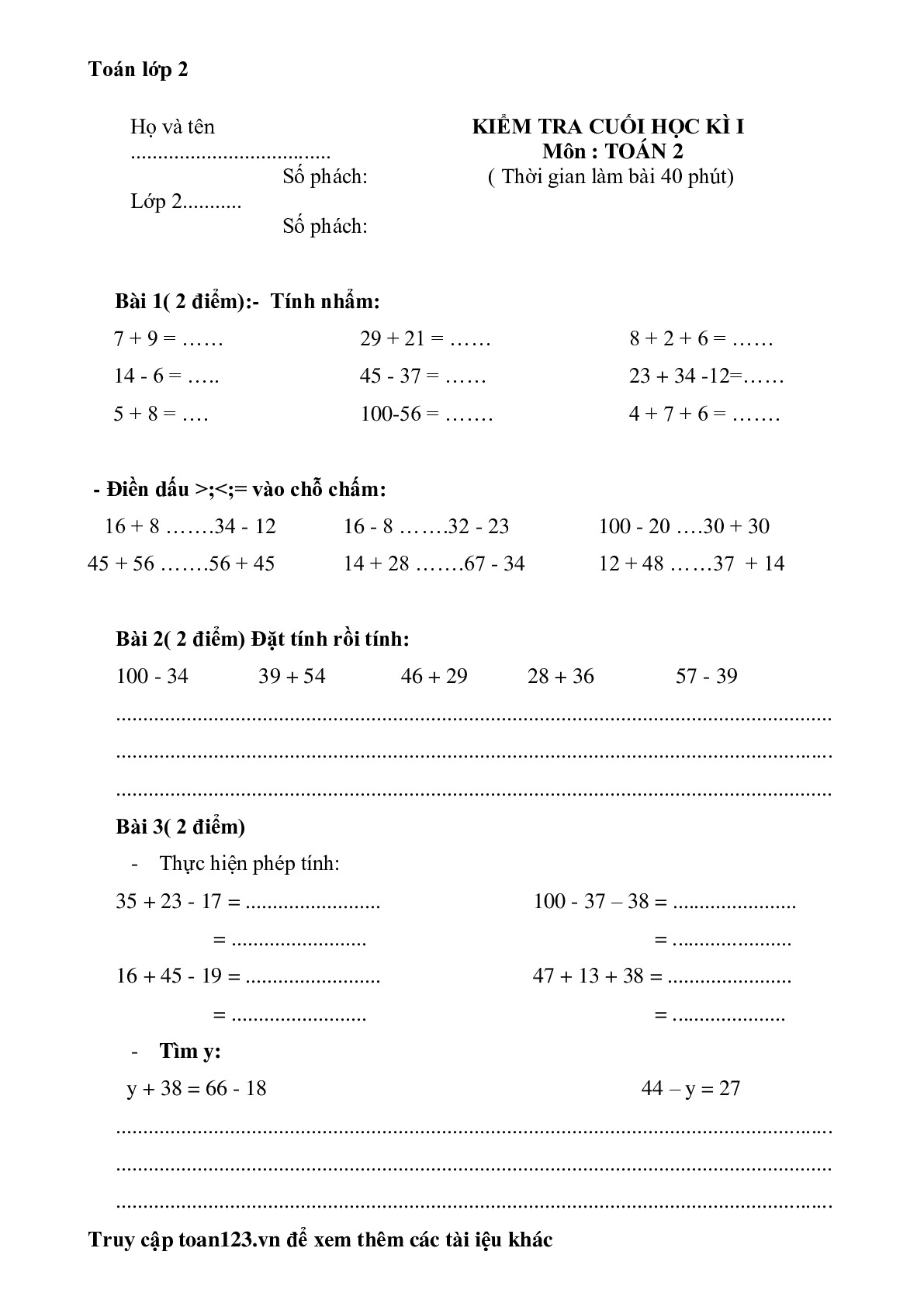 Toán 2: Đề tham khảo thi HKI môn Toán lớp 2