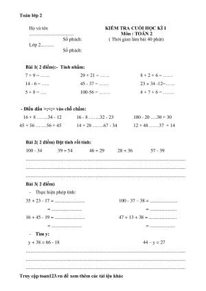 Toán 2: Đề tham khảo thi HKI môn Toán lớp 2 - Đề 1