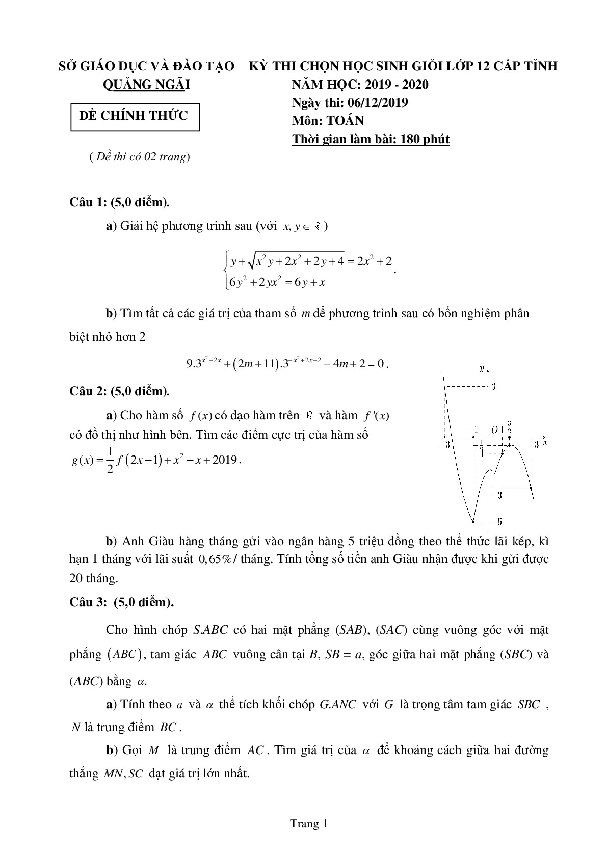 ĐỀ VÀ HDG MÔN TOÁN  KỲ THI HSG 12 (2019-2020)