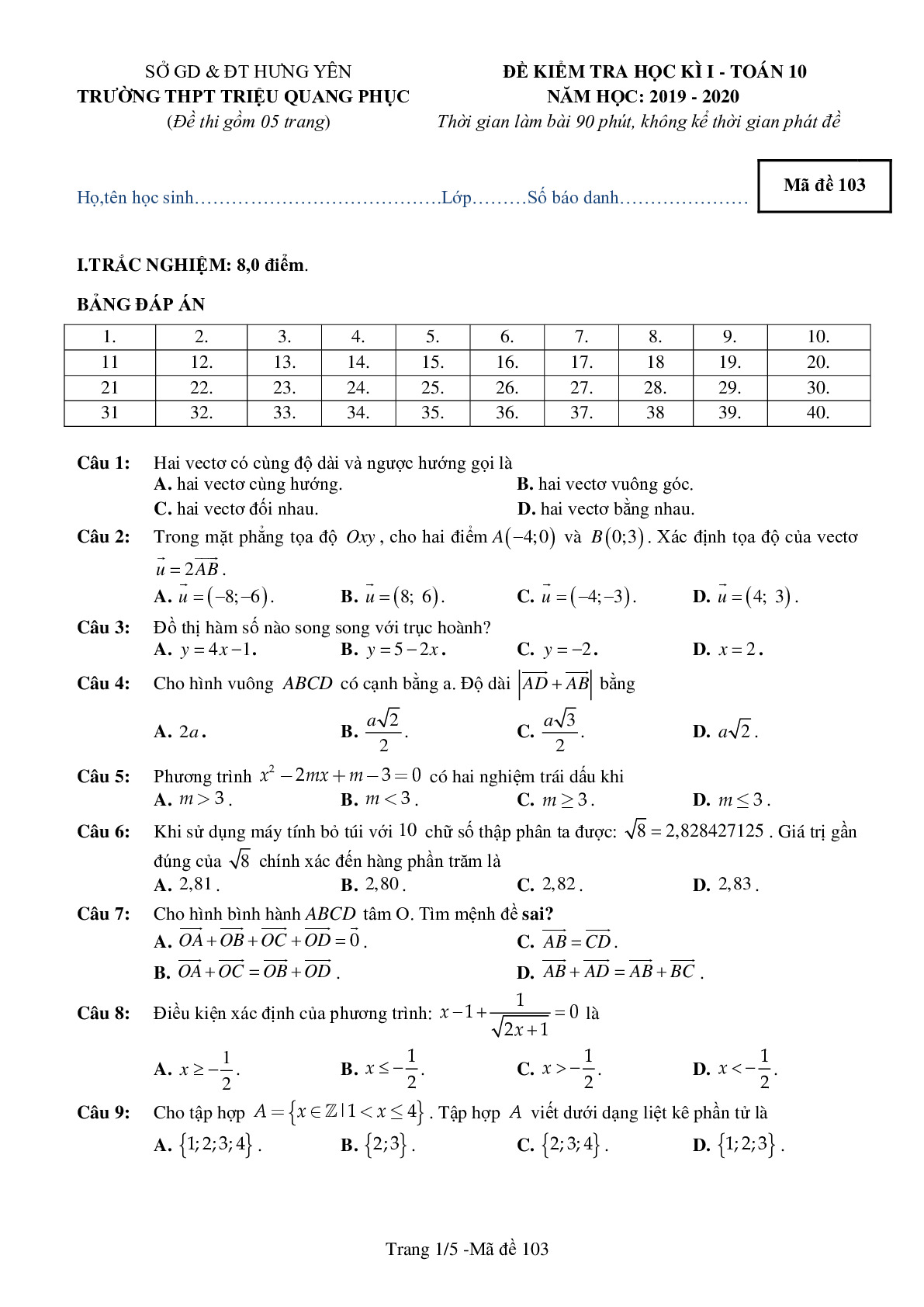 Đề thi HKI Toán 10 năm 2019 – 2020 trường Triệu Quang Phục – Hưng Yên