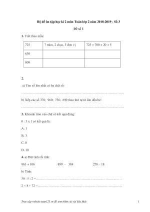 Bộ đề ôn tập học kì 2 môn Toán lớp 2 năm 2018-2019 - Số 3