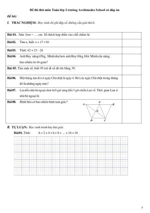 Đề thi thử môn Toán lớp 2 trường Archimedes School có đáp án