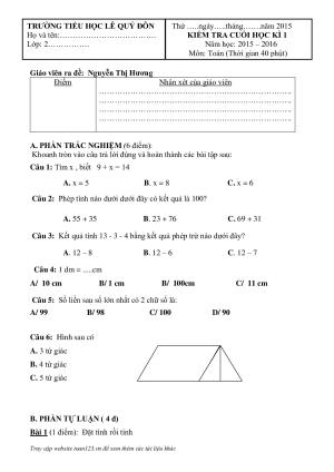 Đề thi học kì 1 lớp 2 môn Toán Tiếng Việt năm 2015 trường TH Lê Quý Đôn