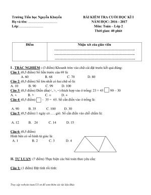 Đề thi học kì 1 môn Toán lớp 2 trường tiểu học Nguyễn Khuyến năm 2016-2017