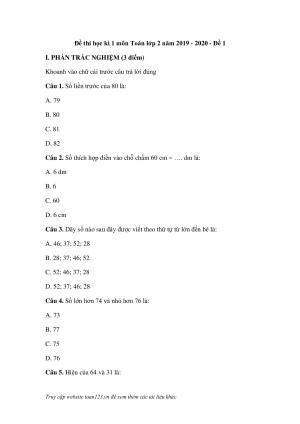 Đề thi học kì 1 môn Toán lớp 2 năm 2019 - 2020 đề 1