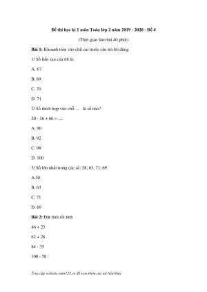 Đề thi học kì 1 môn Toán lớp 2 năm 2019 - 2020 đề 4