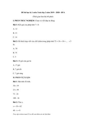 Đề thi học kì 1 môn Toán lớp 2 năm 2019 - 2020 đề 6