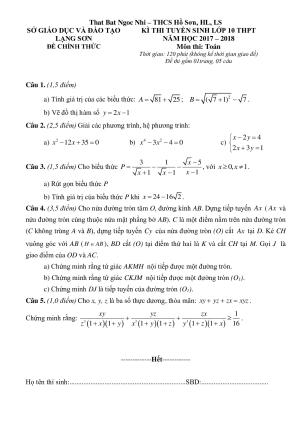 Đề thi vào 10 (có đáp án) môn Toán tỉnh Lạng Sơn năm 2017 - 2018