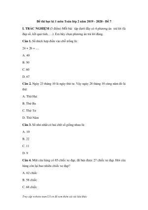 Đề thi học kì 1 môn Toán lớp 2 năm 2019 - 2020 đề 7