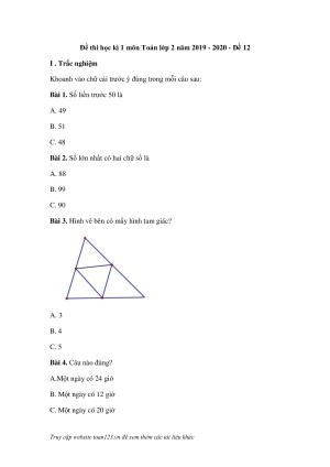 Đề thi học kì 1 môn Toán lớp 2 năm 2019 - 2020 đề 12