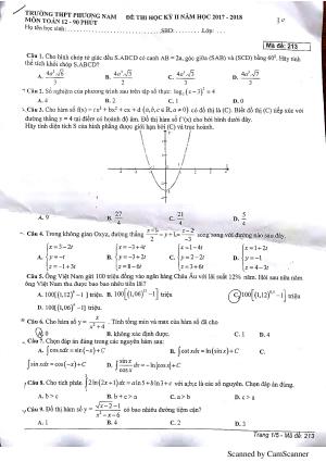 Đề thi hk2 môn Toán lớp 12 THPT Phương Nam Hà Nội năm 2018