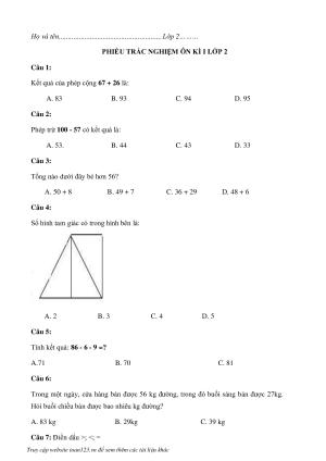 78 Câu trắc nghiệm ôn toán lớp 2 học kì 1
