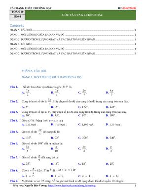 Các dạng toán trắc nghiệm góc lượng giác và công thức lượng giác