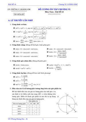 Đề cương ôn tập cung và góc lượng giác, công thức lượng giác – Phùng Hoàng Em