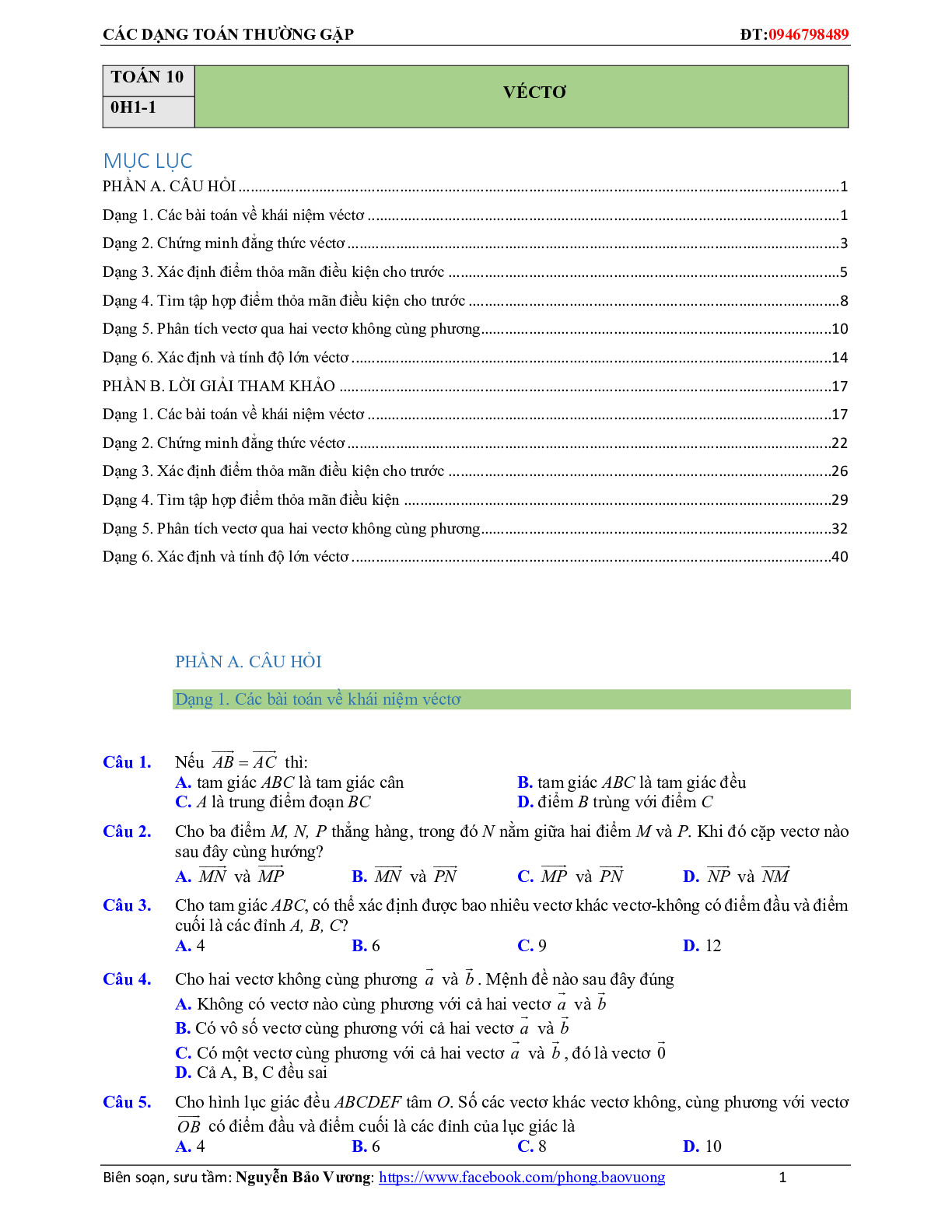 Toán 10 - Các dạng toán vectơ thường gặp – Nguyễn Bảo Vương