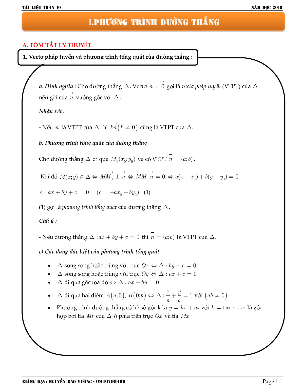 Toán 10 - Phương trình đường thẳng Oxy – Nguyễn Bảo Vương