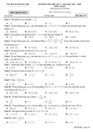 Đề kiểm tra học kỳ 2 Toán 12 năm 2017 – 2018 sở GD và ĐT Quảng Trị