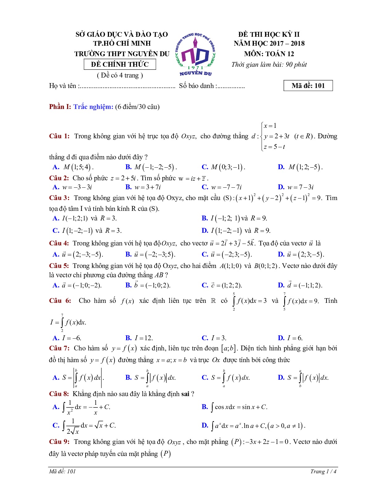 Đề thi HK2 Toán 12 năm học 2017 – 2018 trường THPT Nguyễn Du – TP. HCM