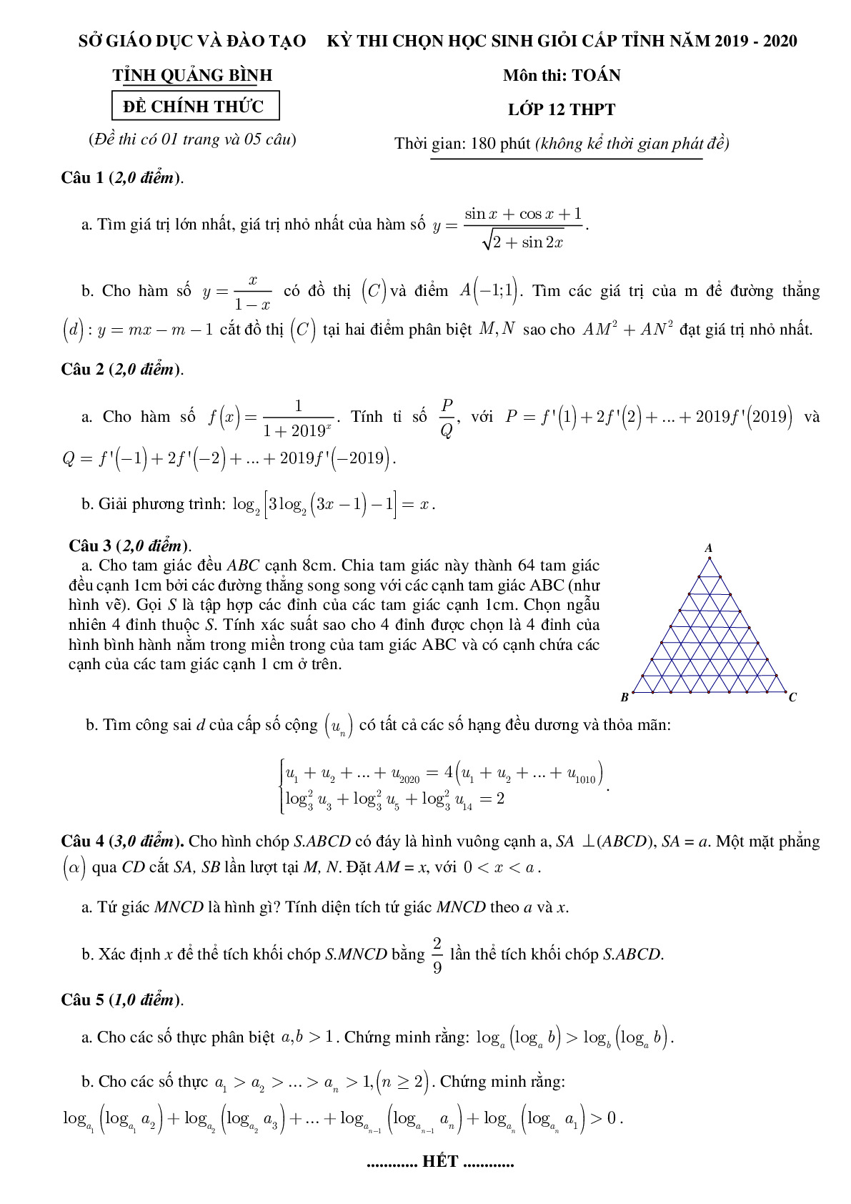Đề thi HSG Toán 12 THPT cấp tỉnh năm 2019 – 2020 sở GD&ĐT Quảng Bình