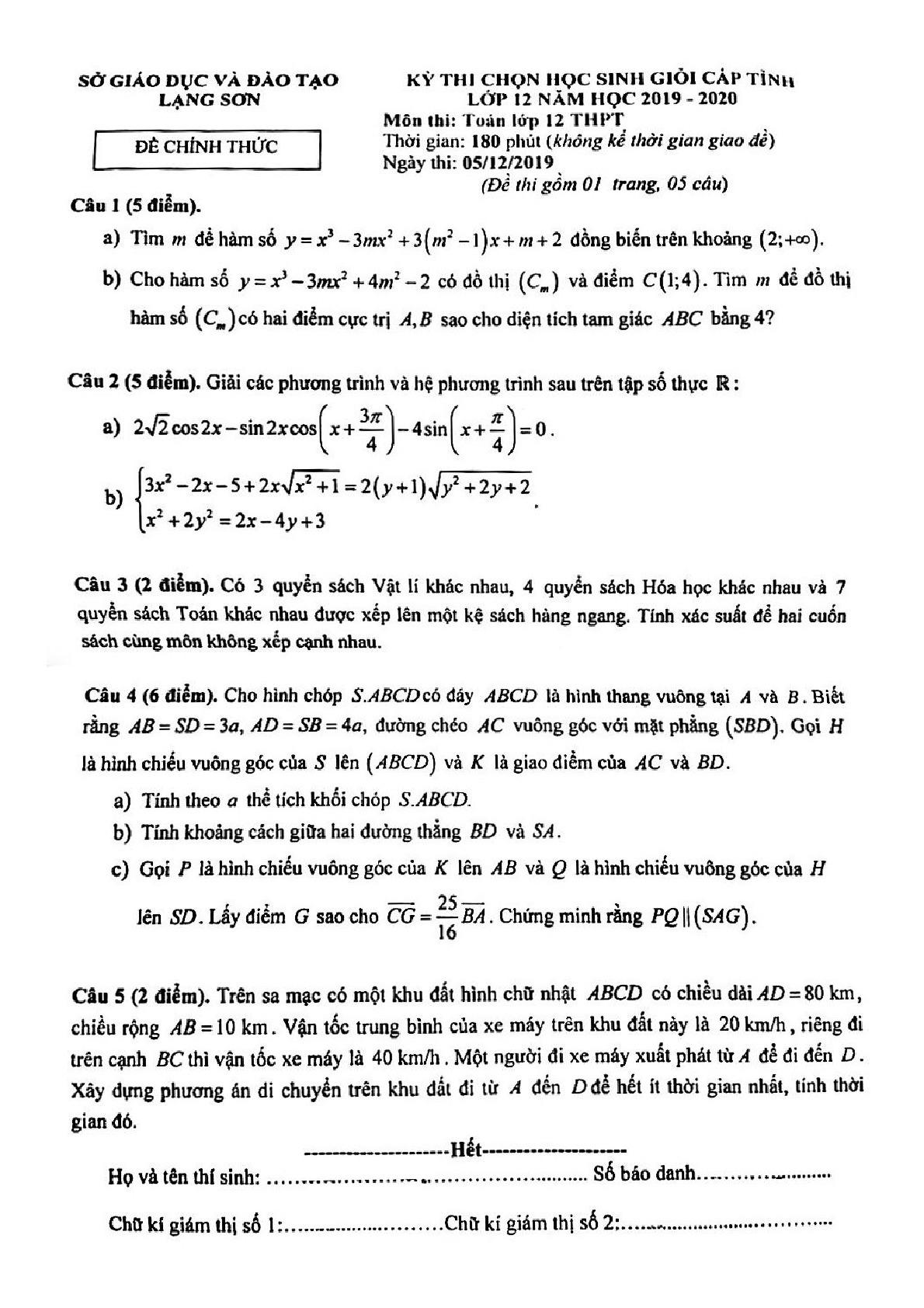 Đề thi học sinh giỏi tỉnh Toán 12 năm 2019 – 2020 sở GD&ĐT Lạng Sơn