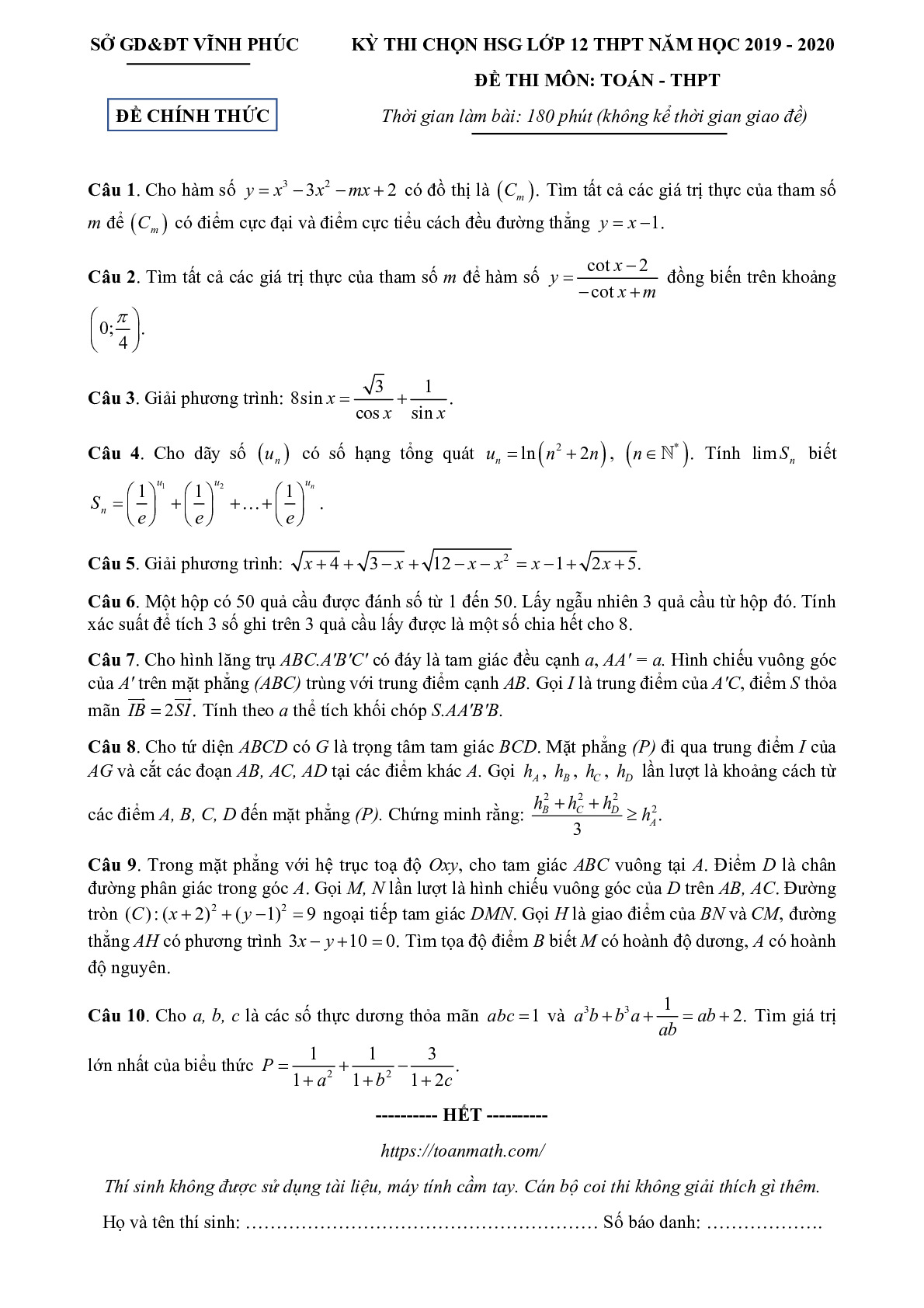 Đề thi chọn HSG Toán 12 THPT năm học 2019 – 2020 sở GD&ĐT Vĩnh Phúc
