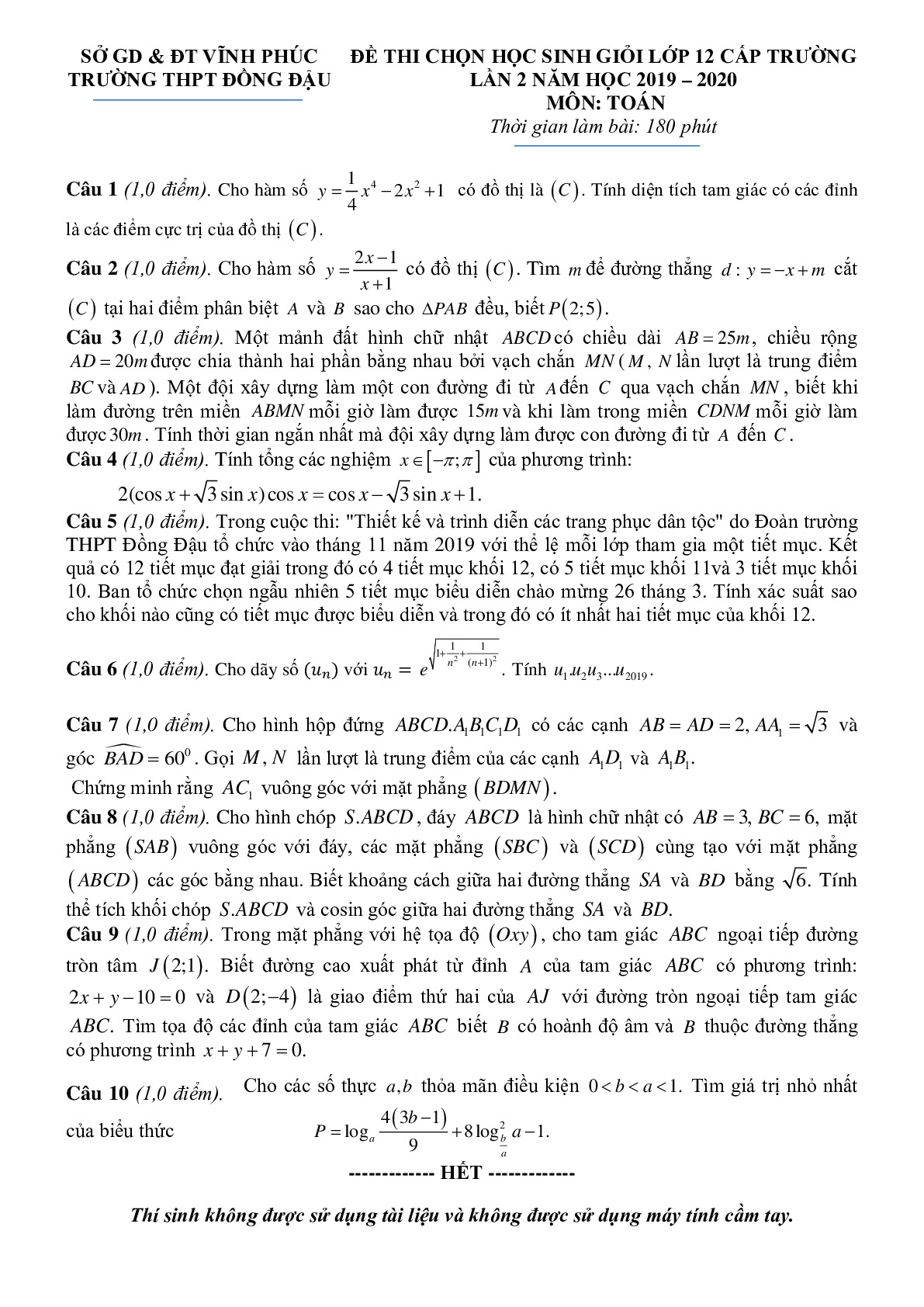 Đề thi HSG Toán 12 lần 2 năm 2019 – 2020 trường THPT Đồng Đậu – Vĩnh Phúc
