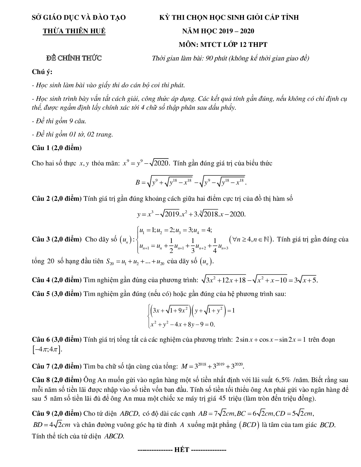 Đề chọn học sinh giỏi MTCT 12 năm 2019 – 2020 sở GD&ĐT Thừa Thiên Huế