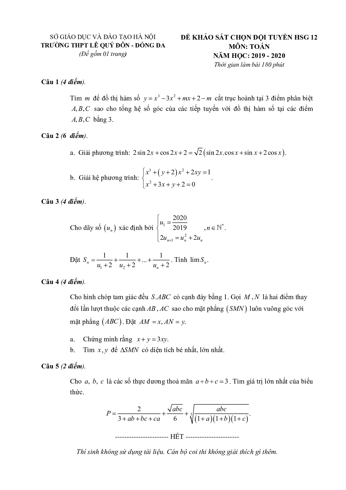 Đề chọn đội tuyển HSG Toán 12 năm 2019 – 2020 trường Lê Quý Đôn – Hà Nội