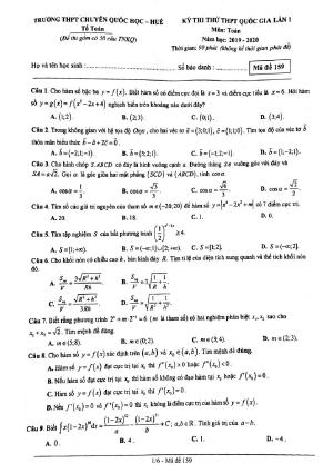 Đề thi thử THPT Quốc gia 2020 môn Toán lần 1 trường chuyên Quốc học Huế