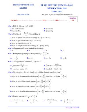 Đề thi thử Toán THPT Quốc gia 2020 lần 1 trường THPT Kinh Môn – Hải Dương