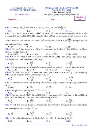 Đề khảo sát lần 2 Toán 12 năm 2019 – 2020 trường Bình Xuyên – Vĩnh Phúc