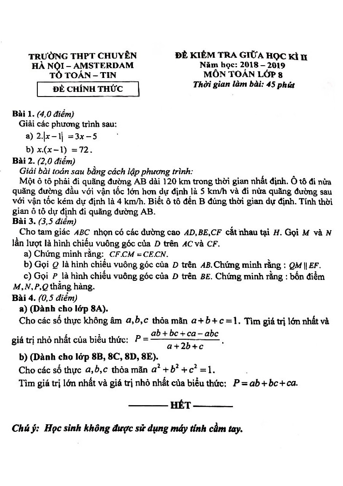 Đề kiểm tra giữa kỳ 2 Toán 8 năm 2018 – 2019 trường chuyên Hà Nội – Amsterdam