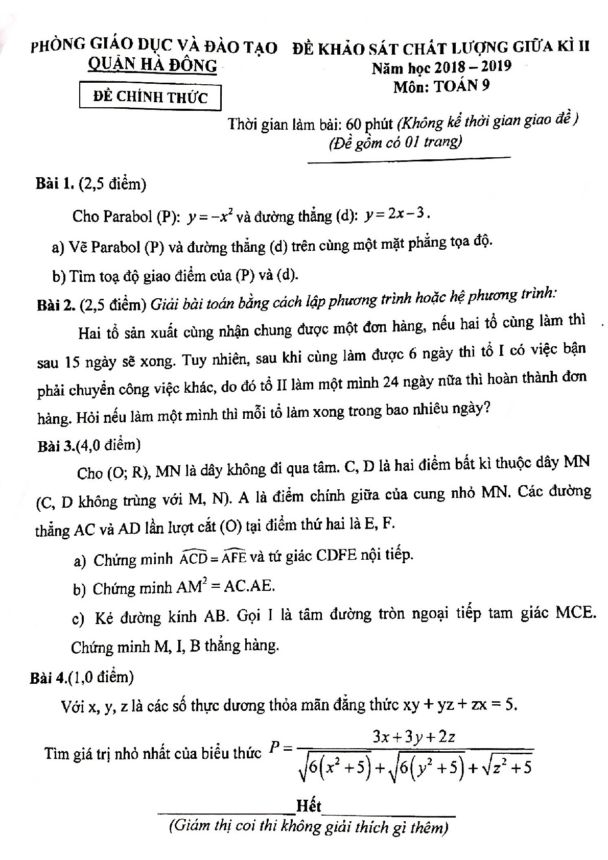 Đề KSCL giữa kì 2 Toán 9 năm 2018 – 2019 phòng GD&ĐT Hà Đông – Hà Nội