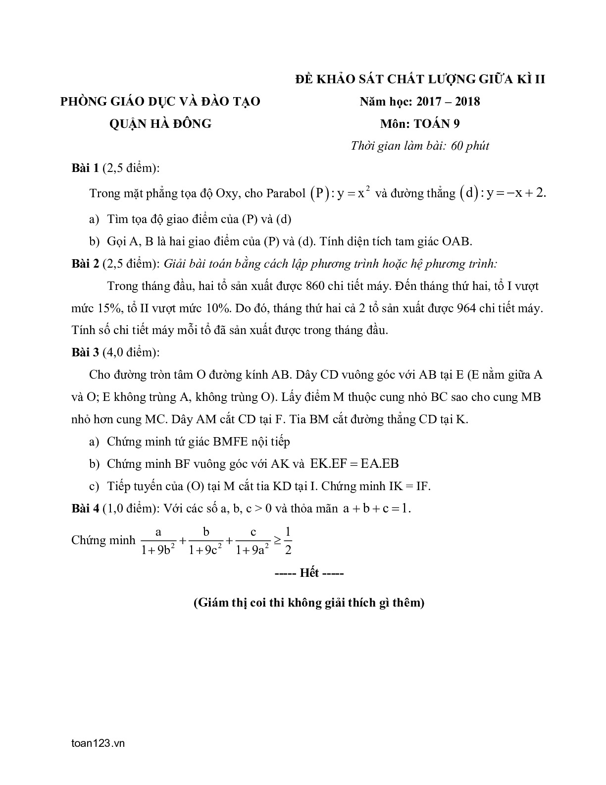 Toán 9 - Đề thi giữa HK2 Quận Hà Đông năm 2017-2018