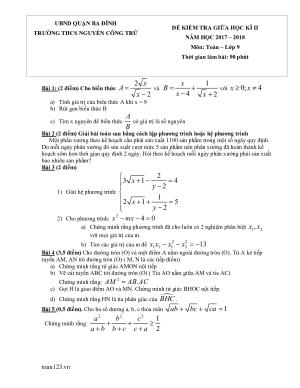 Toán 9 - Đề thi giữa HK2 THCS Nguyễn Công Trứ  năm 2017-2018