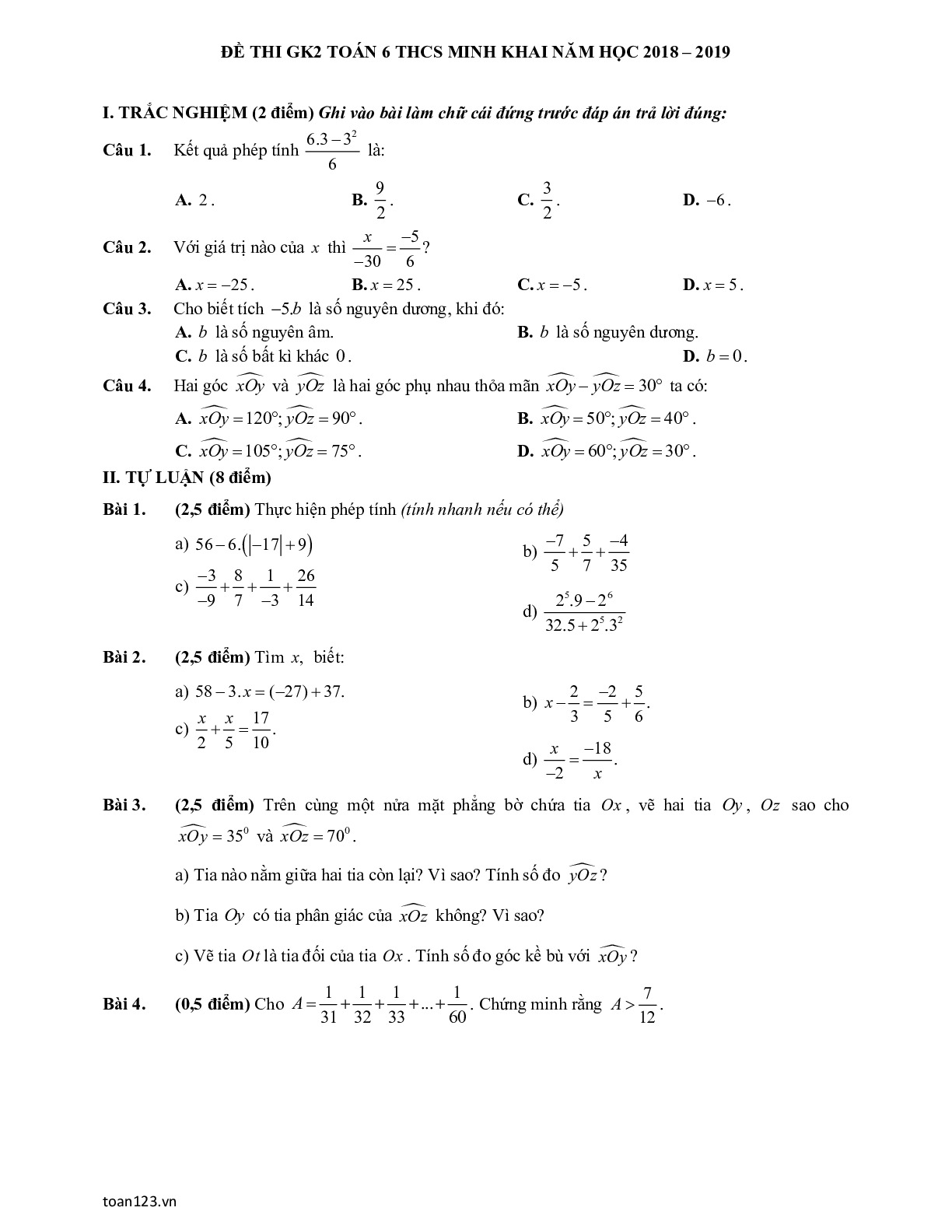 Toán 6 - Đề thi giữa HK2 THCS MInh Khai năm 2018 - 2019