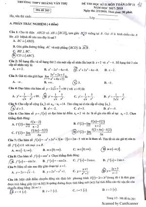 Đề thi hk2 môn Toán (có đáp án) lớp 11 trường THPT Hoàng Văn Thụ - Hà Nội ( ngày 5/2/2018)