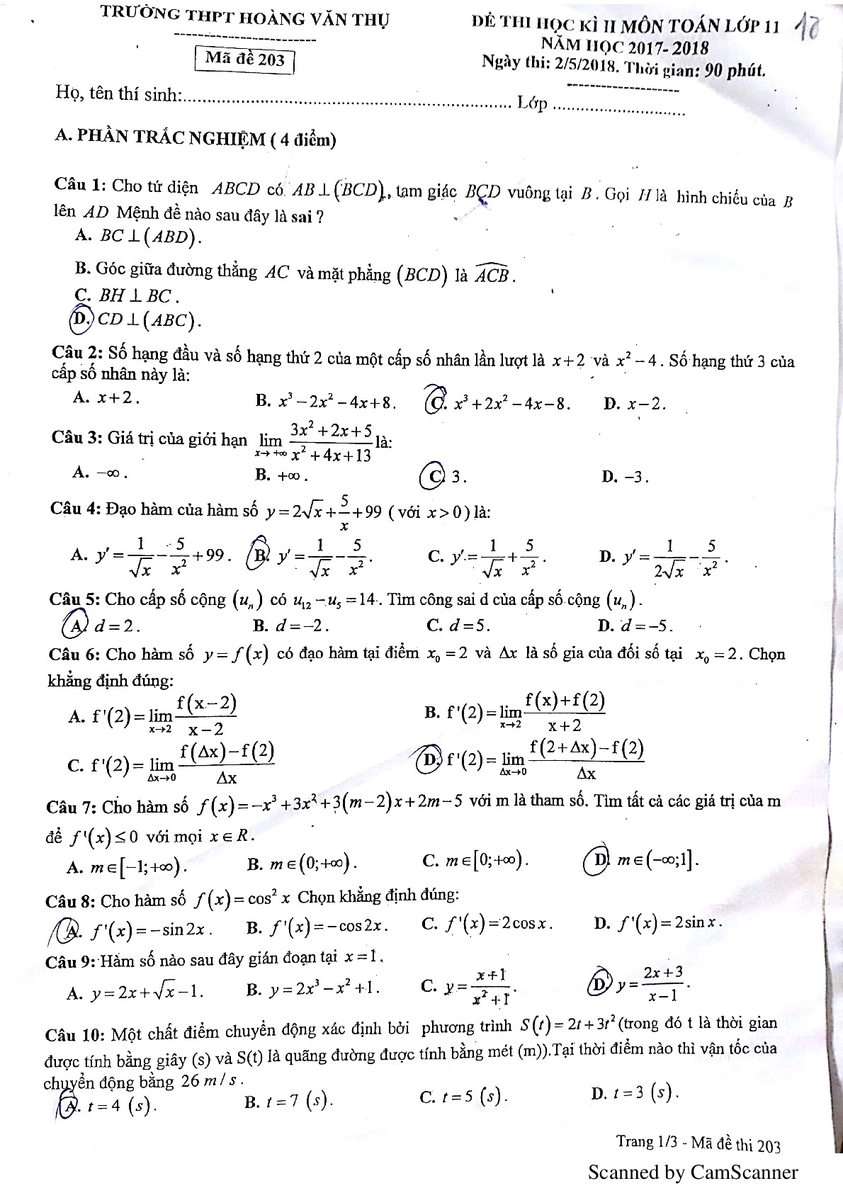 Đề thi hk2 môn Toán (có đáp án) lớp 11 trường THPT Hoàng Văn Thụ - Hà Nội ( ngày 5/2/2018)