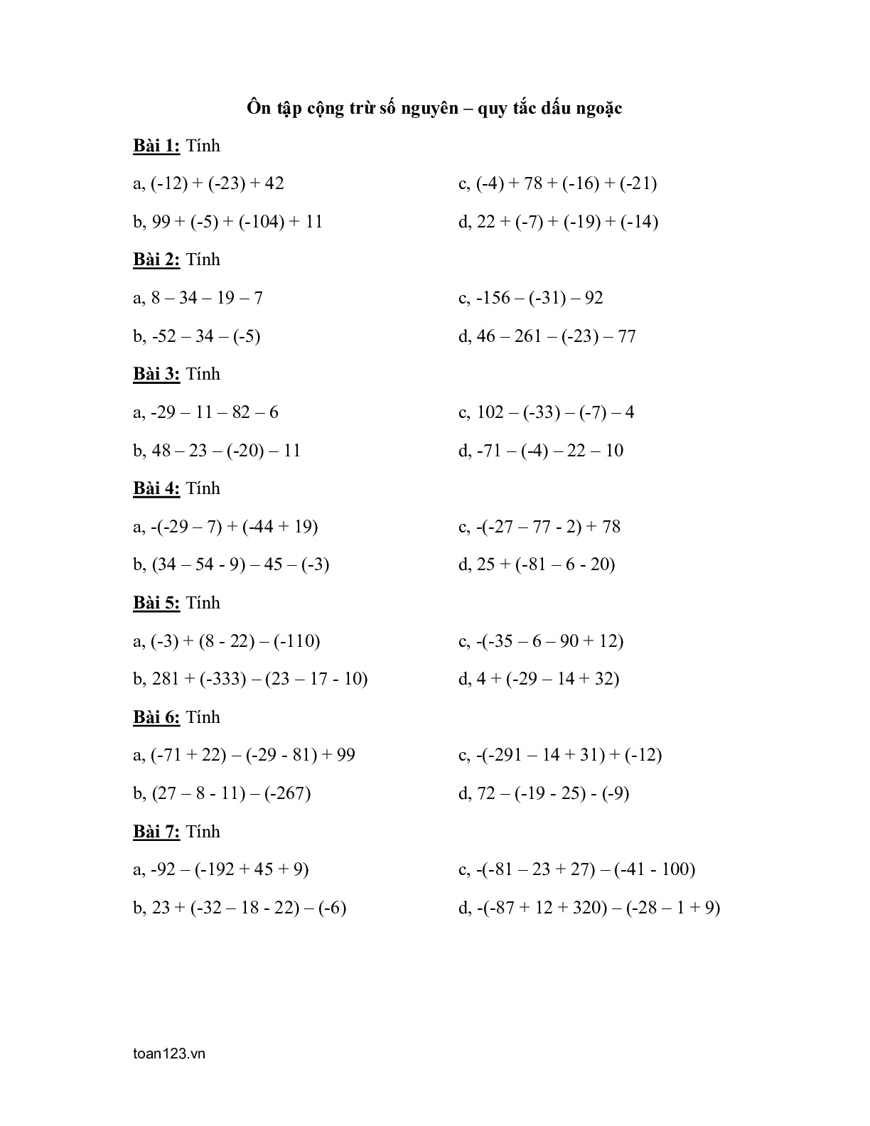 Toán 6 - Ôn tập cộng trừ số nguyên