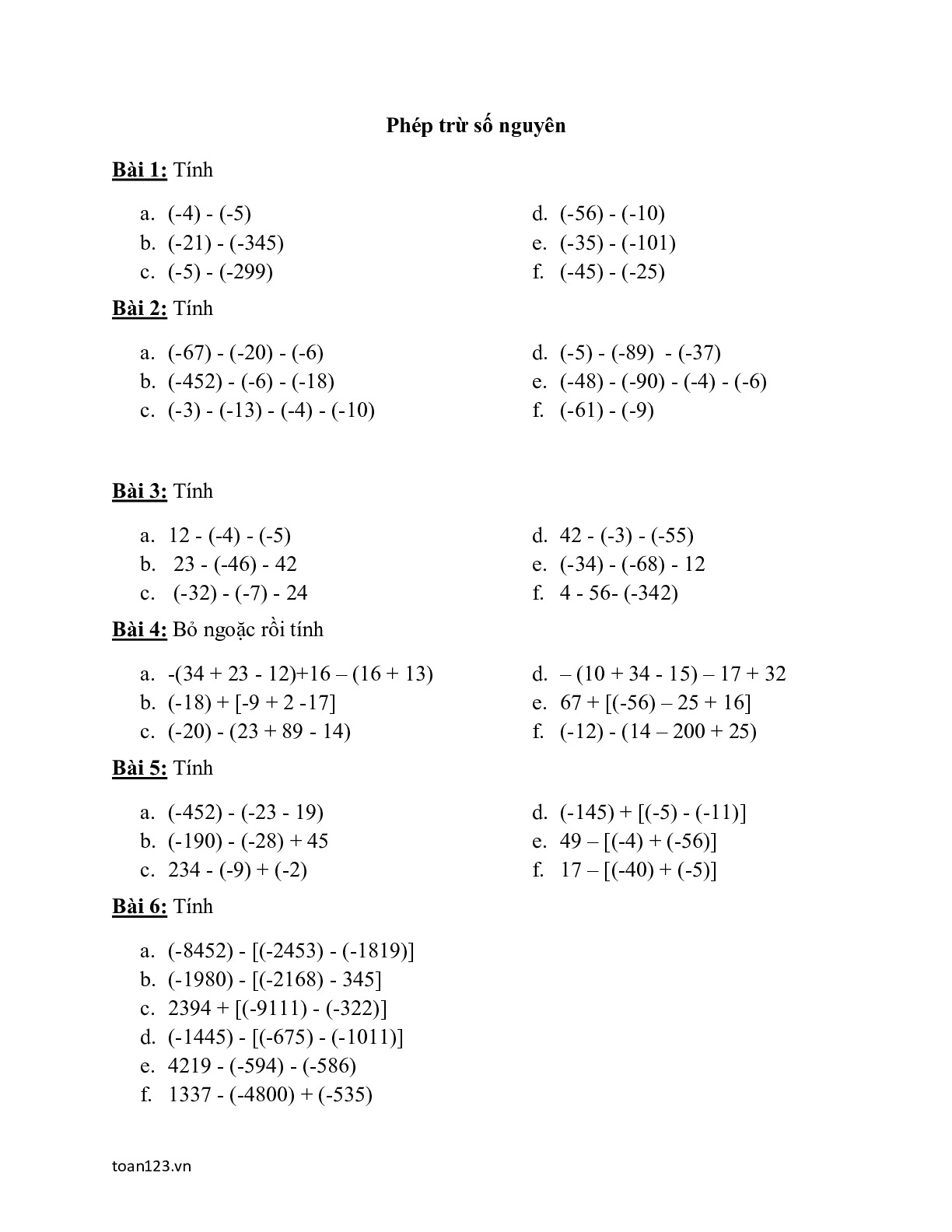 Toán 6 - Phép trừ số nguyên