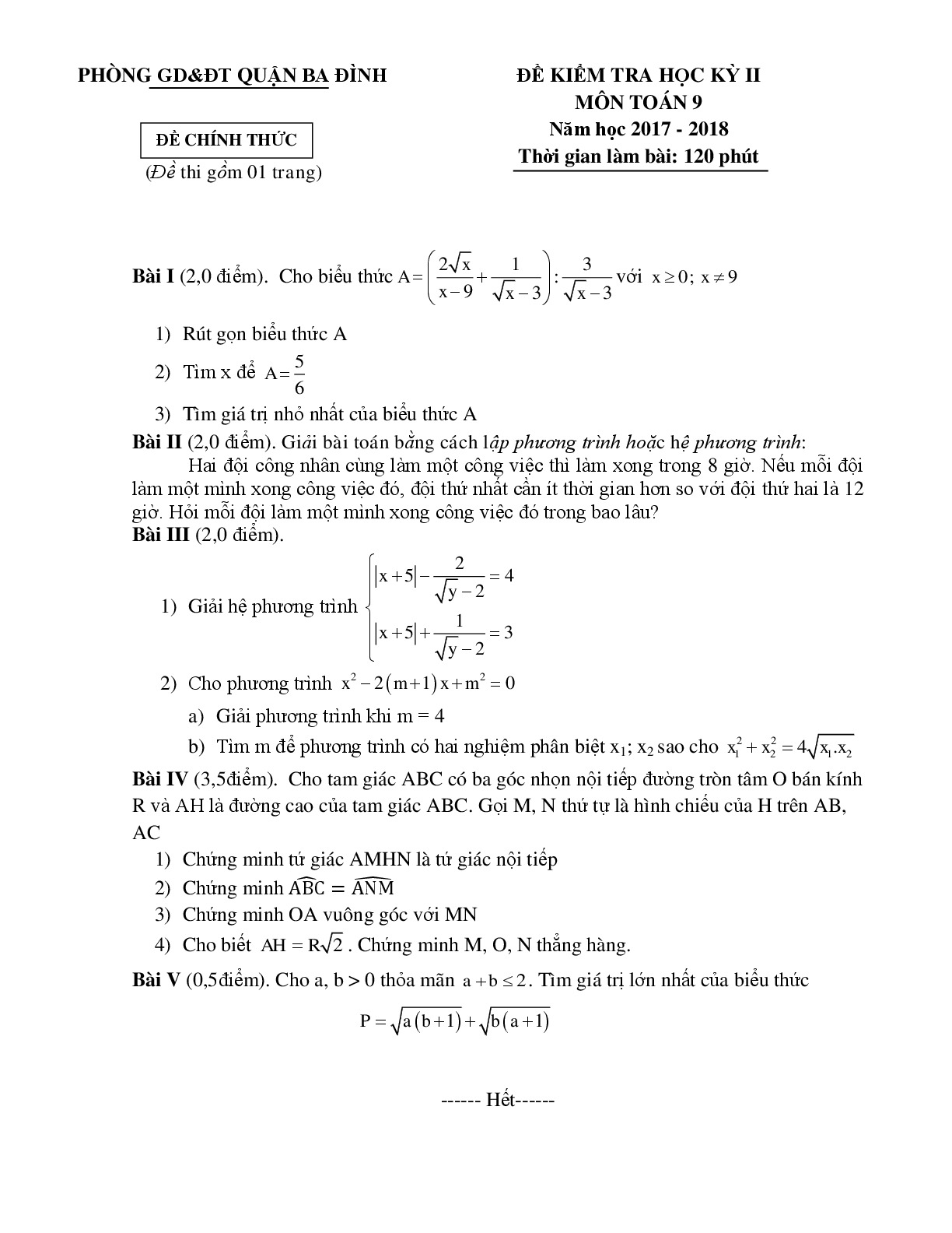 Đề thi hk2(có đáp án) môn Toán lớp 9 phòng GD & DT quận Ba Đình Hà Nội năm 2018