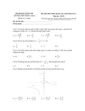 Toán 12: Đề thi thử THPTQG Nhân Chính – Hà Nội - Lần 1 năm 2018 - 2019 có đáp án chi tiết