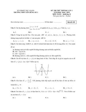 Toán 12: Đề thi thử THPTQG   Yên Dũng 3 - Lần 1 năm 2018 - 2019 có đáp án chi tiết