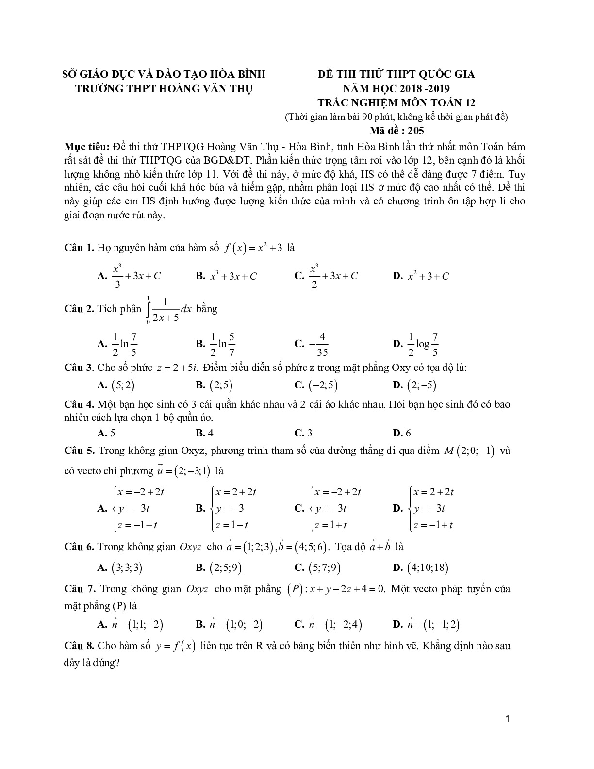 Toán 12: Đề thi thử THPTQG Chuyên Hoàng Văn Thụ - Hòa Bình - Lần 1 năm 2019 có lời giải chi tiết
