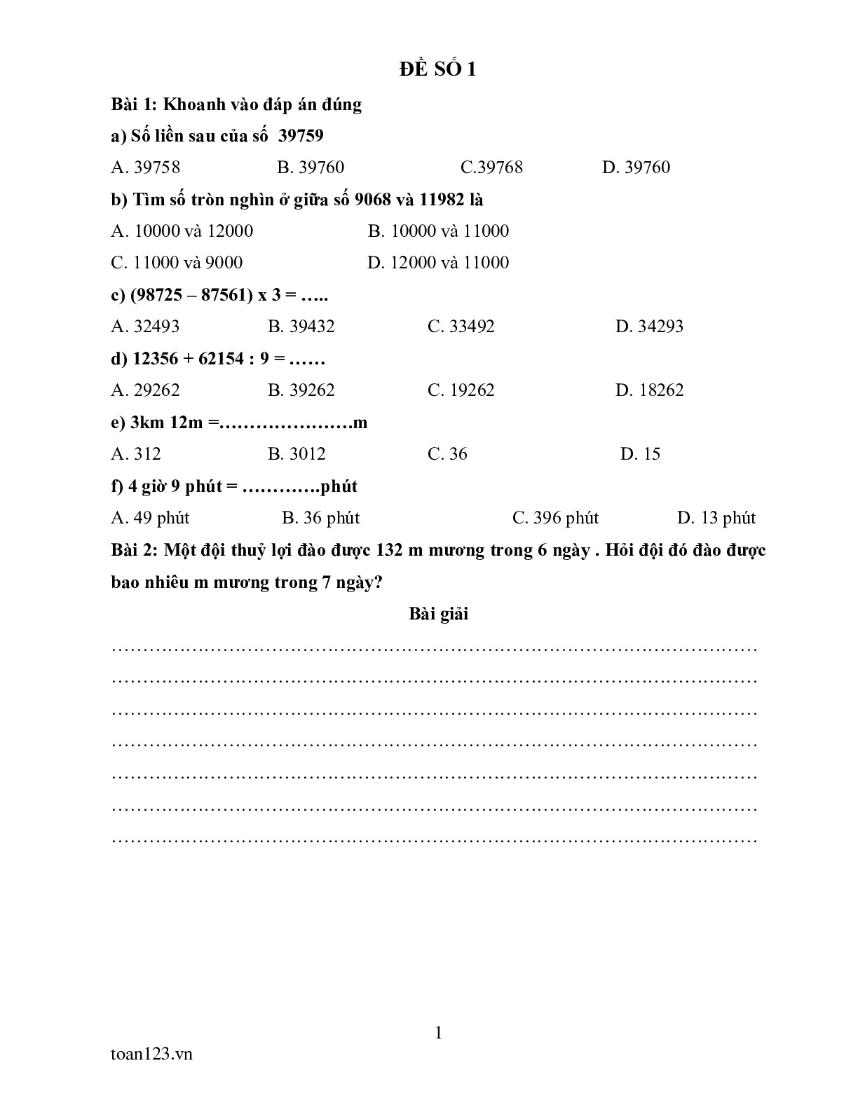 Toán 3 - Bộ đề ôn luyện cuối năm