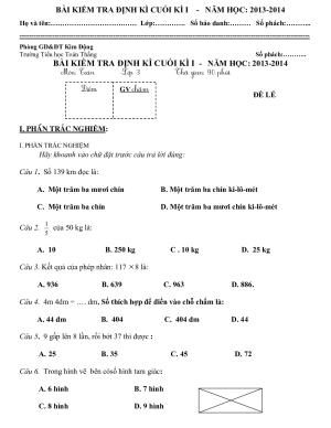Toán 3 - Đề kiểm tra cuối HK1 TH Toàn Thắng 2013 -2014 có đáp án