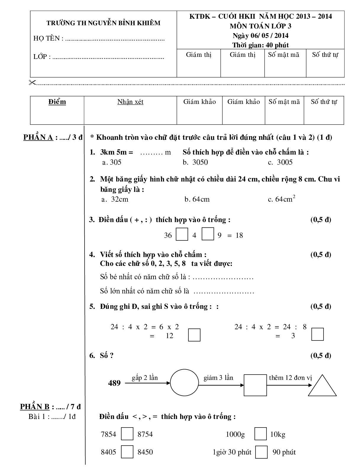 Toán 3 - Đề kiểm tra cuối HK2 có đáp án