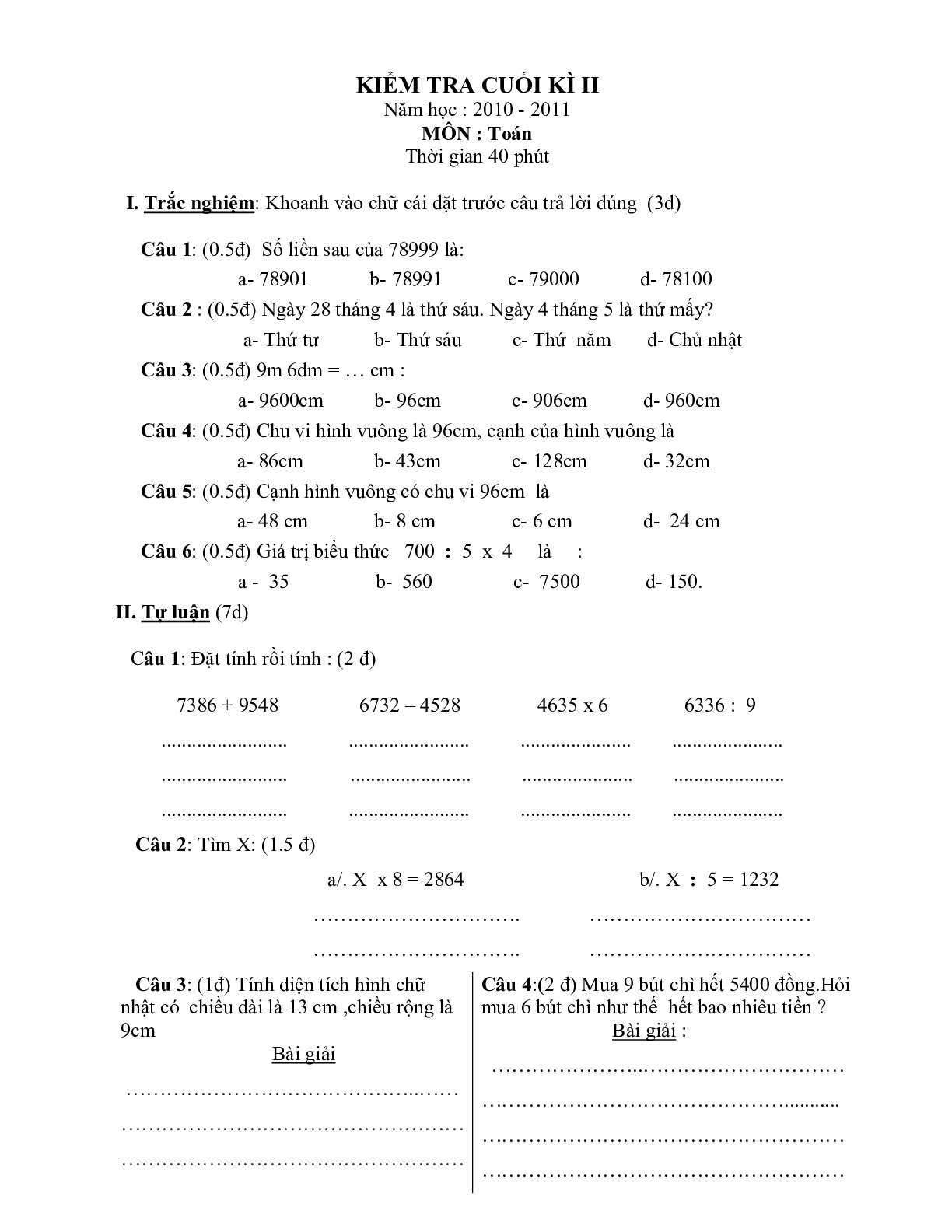 Toán 3 - Đề kiểm tra cuối HK2