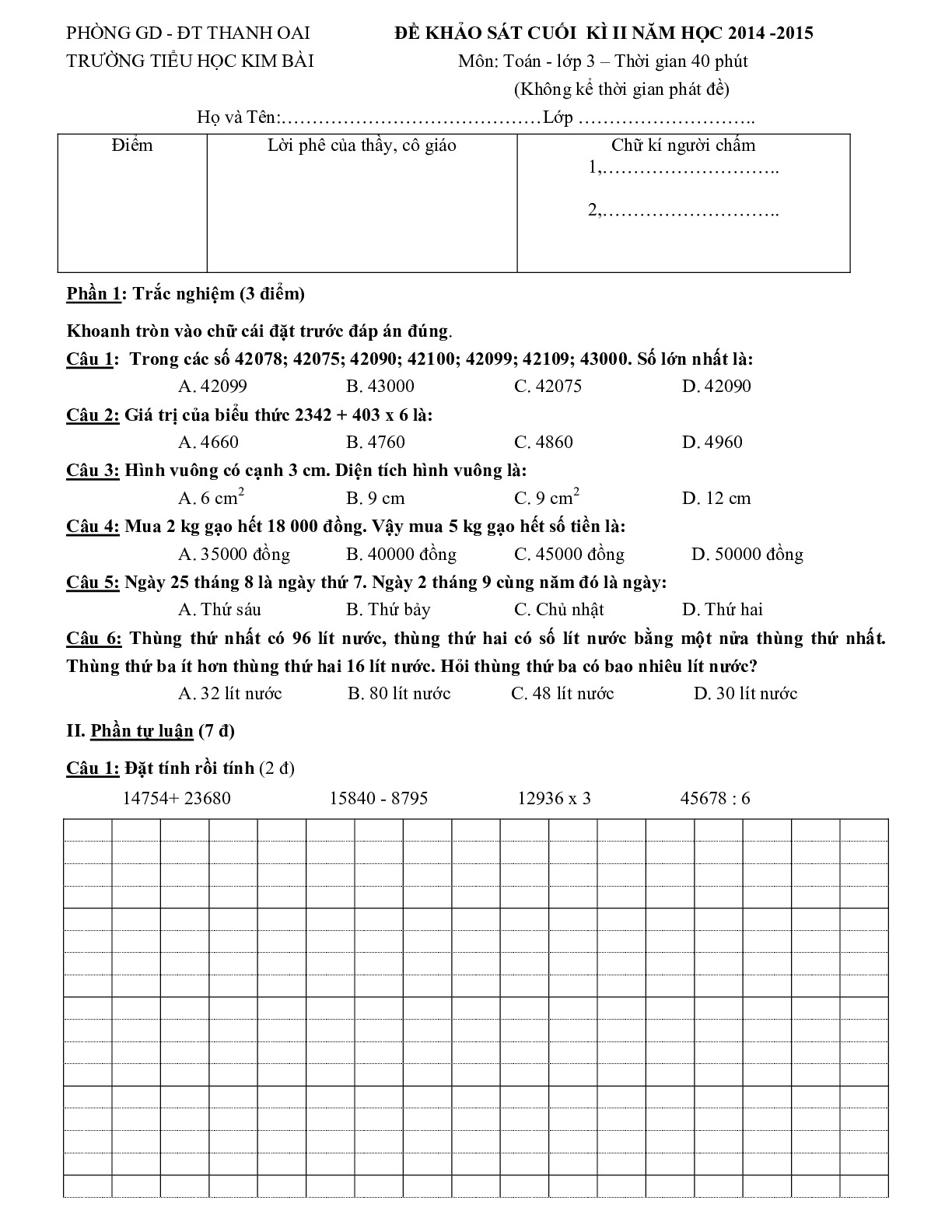 Toán 3 - Đề thi cuối HK2 Tiểu học Kim Bài năm 2014 -2015