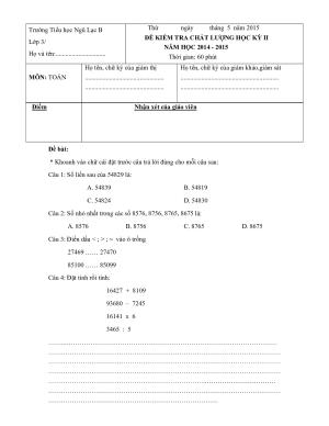 Toán 3 - Đề thi cuối HK2 Tiểu học Ngũ Lạc B năm 2014 - 2015